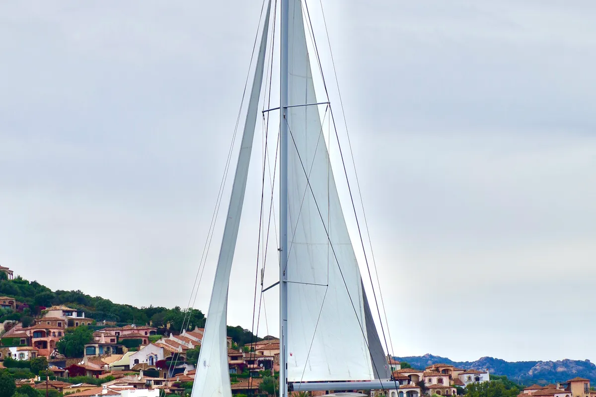 Exterior view of Fiammetta, a Nautitech 46 Fly catamaran at Cannigione, Italy