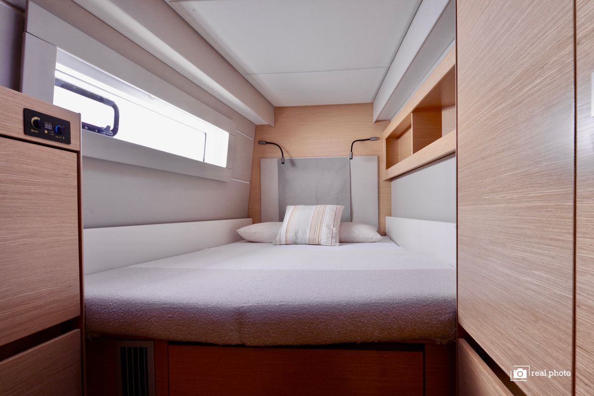 Cabin on Fiammetta, a Nautitech 46 Fly catamaran at Cannigione, Italy