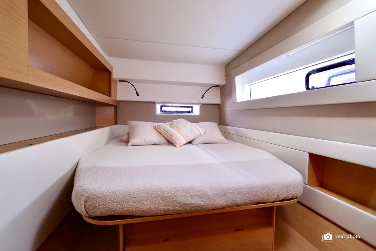 Cabin on Fiammetta, a Nautitech 46 Fly catamaran at Cannigione, Italy
