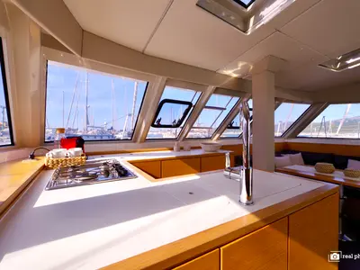 Galley of Fiammetta, a Nautitech 46 Fly catamaran at Cannigione, Italy