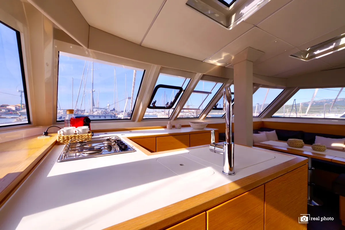 Galley of Fiammetta, a Nautitech 46 Fly catamaran at Cannigione, Italy