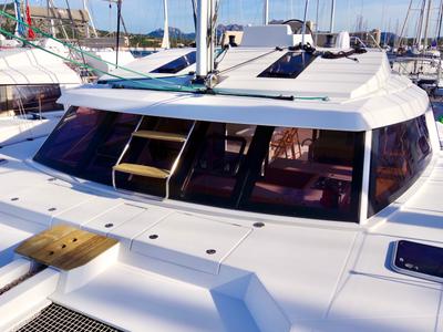 Deck of Fiammetta, a Nautitech 46 Fly catamaran at Cannigione, Italy