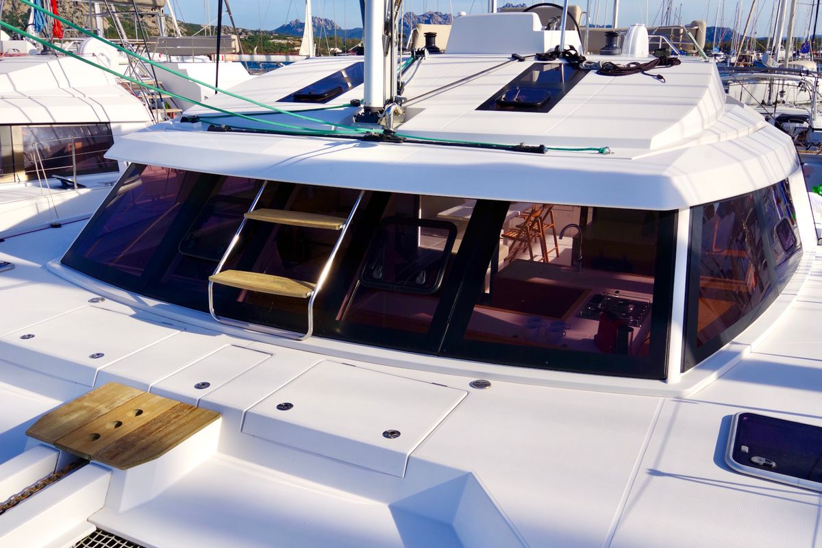 Deck of Fiammetta, a Nautitech 46 Fly catamaran at Cannigione, Italy