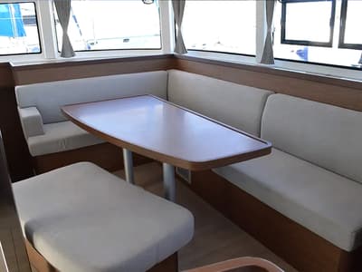 Salon of Fantasea, a Lagoon 42 catamaran at Lavreotiki Municipal Unit, Greece