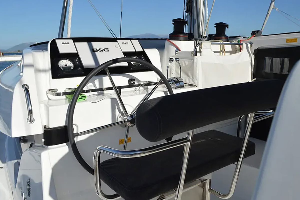Cockpit of Fantasea, a Lagoon 42 catamaran at Lavreotiki Municipal Unit, Greece