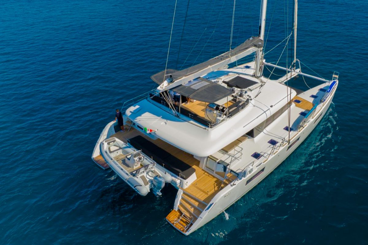 Exterior view of The Sun, a Lagoon 620 catamaran at Olbia, Italy