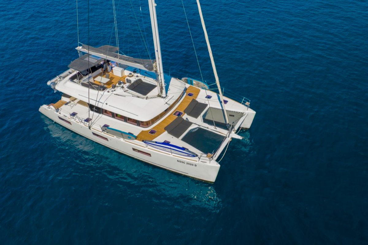 Exterior view of The Sun, a Lagoon 620 catamaran at Olbia, Italy
