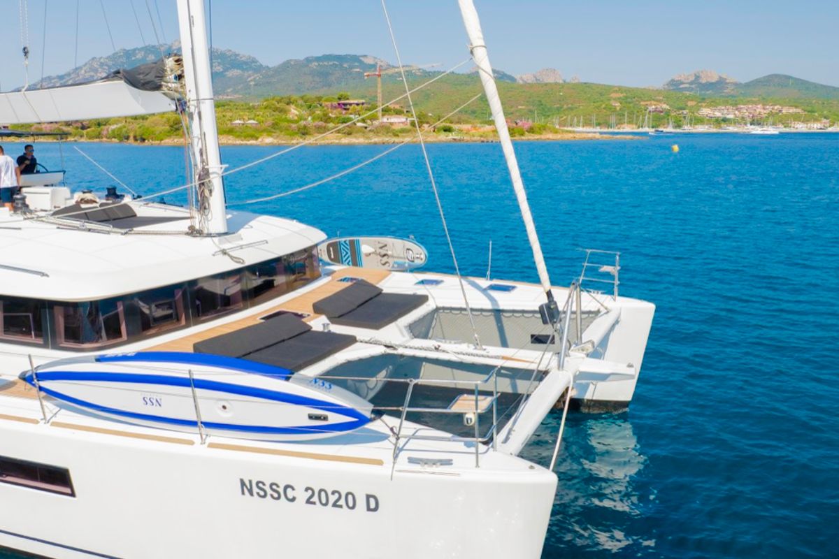 Exterior view of The Sun, a Lagoon 620 catamaran at Olbia, Italy