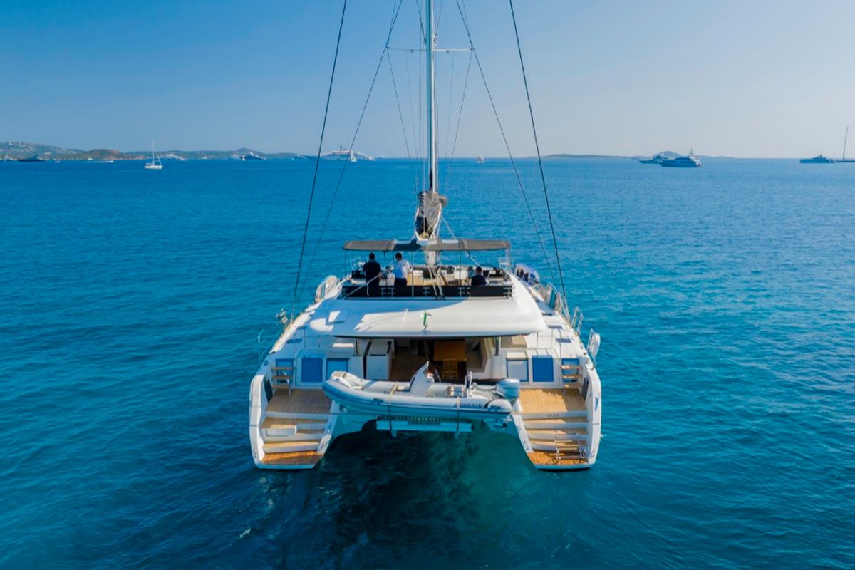 Exterior view of The Sun, a Lagoon 620 catamaran at Olbia, Italy