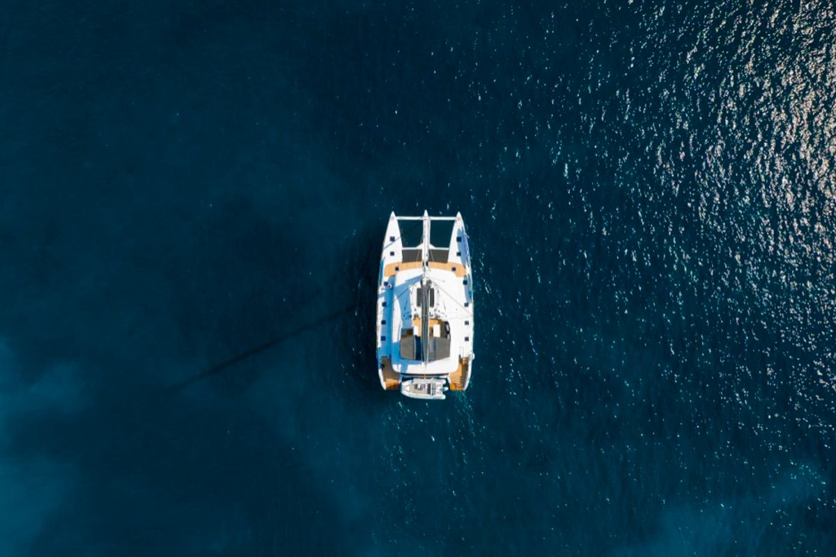 Exterior view of The Sun, a Lagoon 620 catamaran at Olbia, Italy