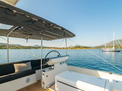 Cockpit of The Sun, a Lagoon 620 catamaran at Olbia, Italy