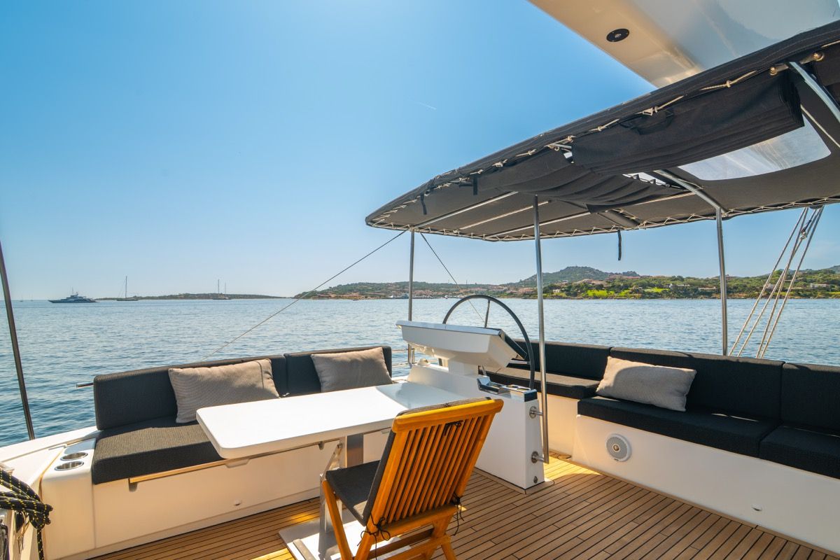 Cockpit of The Sun, a Lagoon 620 catamaran at Olbia, Italy