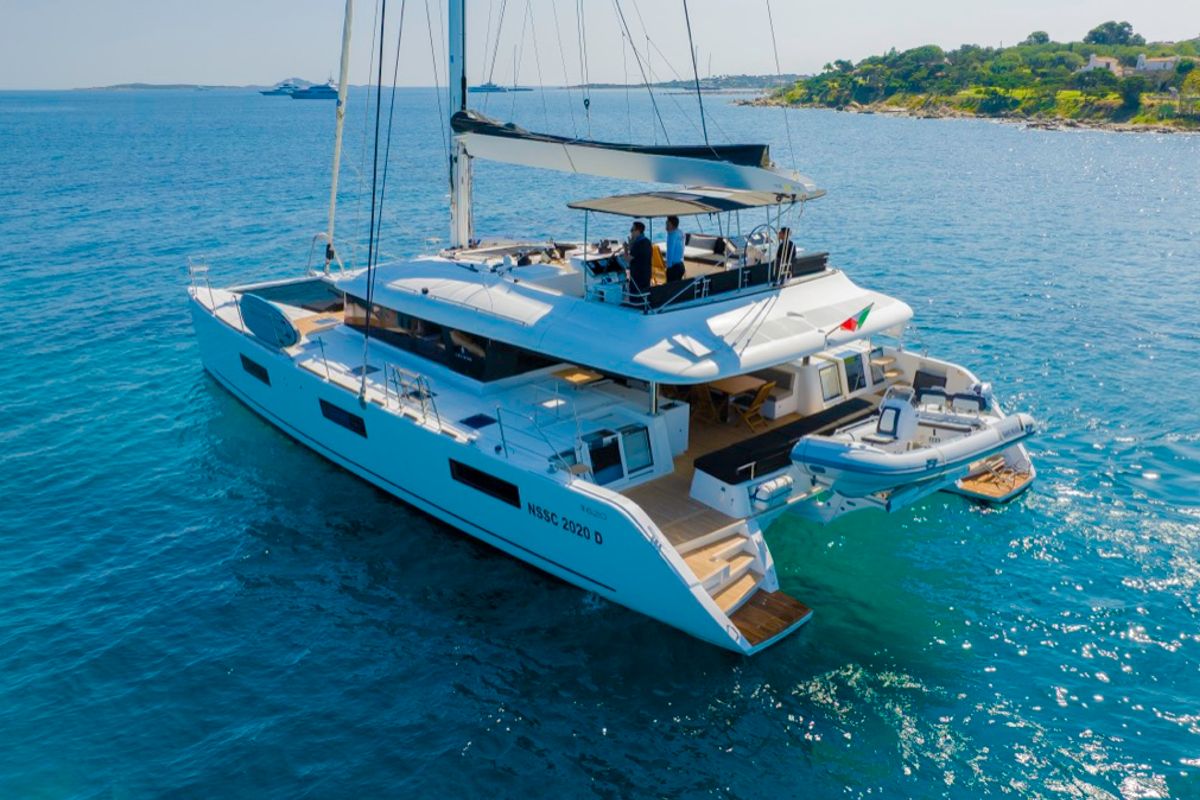 Exterior view of The Sun, a Lagoon 620 catamaran at Olbia, Italy