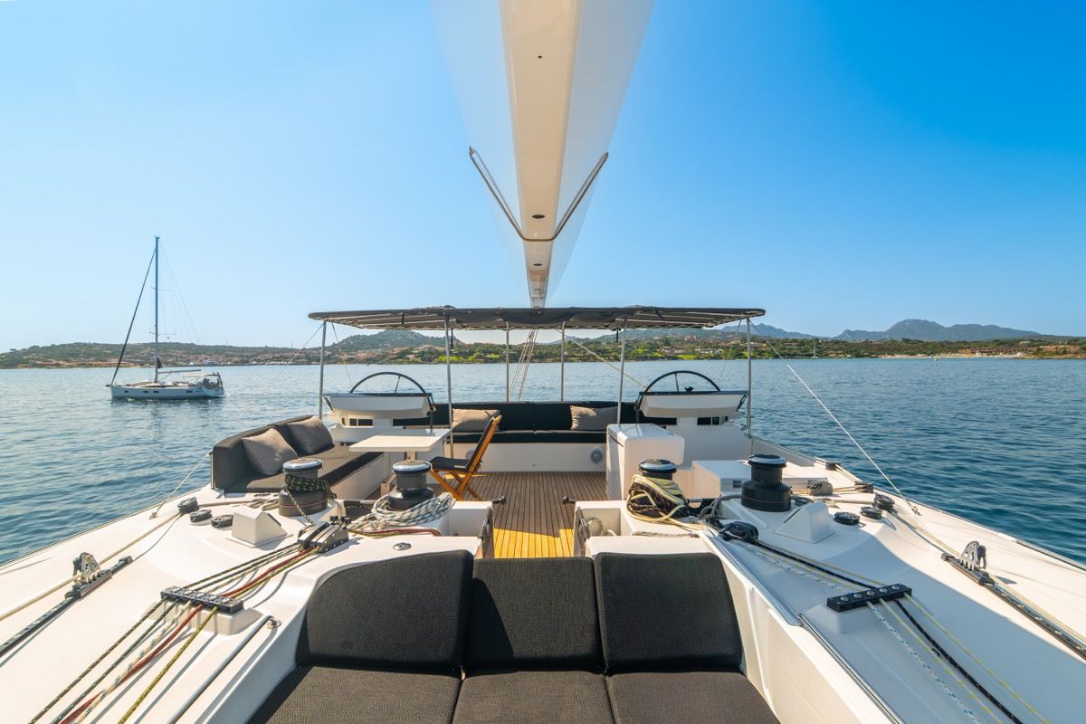 Deck of The Sun, a Lagoon 620 catamaran at Olbia, Italy