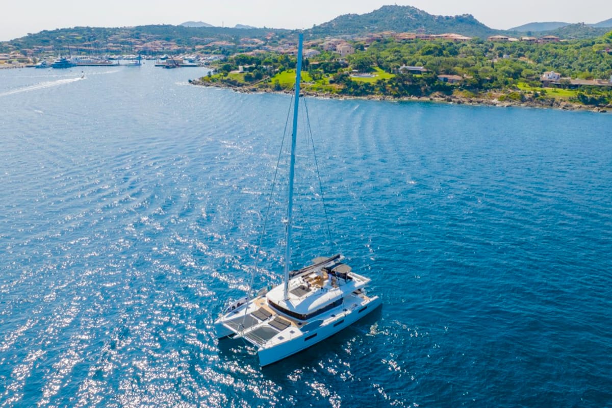 Exterior view of The Sun, a Lagoon 620 catamaran at Olbia, Italy