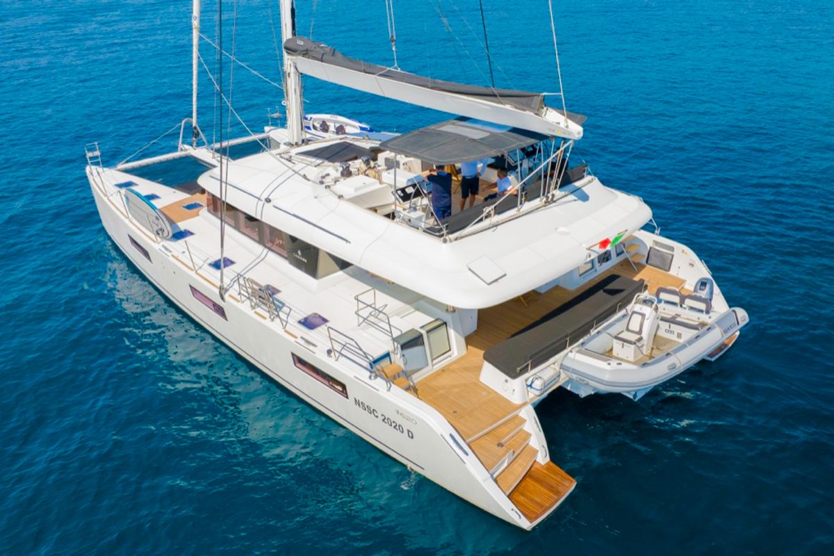 Exterior view of The Sun, a Lagoon 620 catamaran at Olbia, Italy