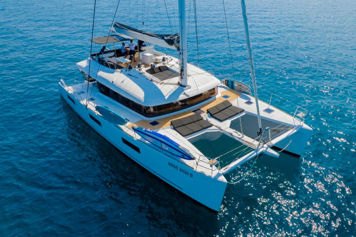 Exterior view of The Sun, a Lagoon 620 catamaran at Olbia, Italy