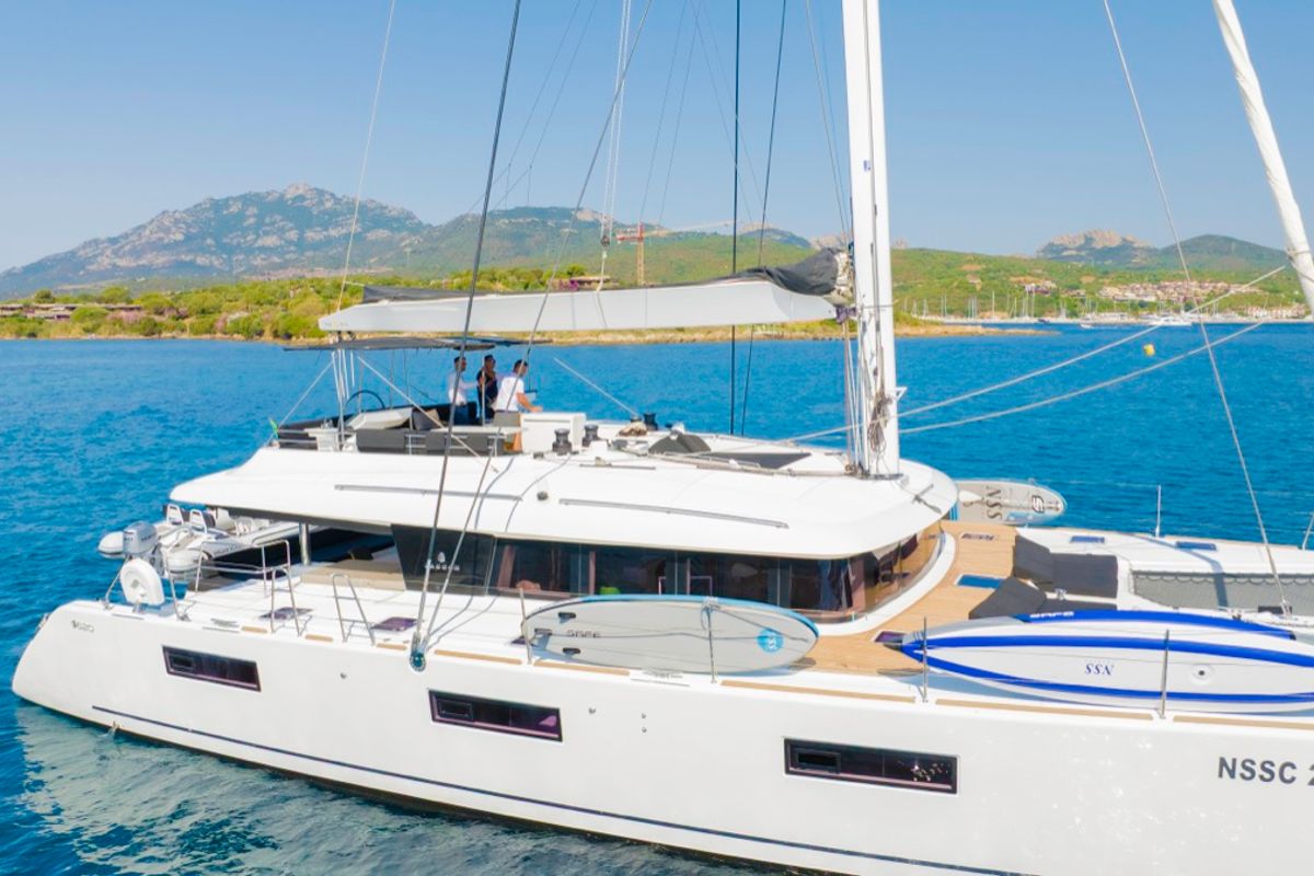 Exterior view of The Sun, a Lagoon 620 catamaran at Olbia, Italy