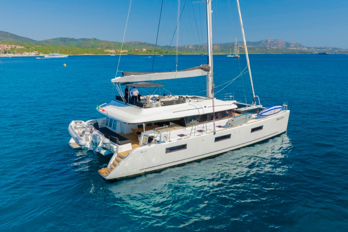 Exterior view of The Sun, a Lagoon 620 catamaran at Olbia, Italy