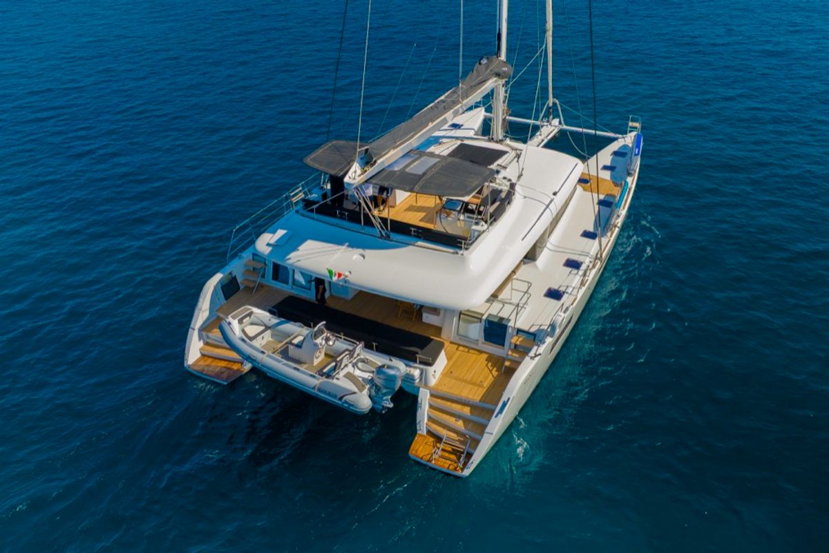 Exterior view of The Sun, a Lagoon 620 catamaran at Olbia, Italy