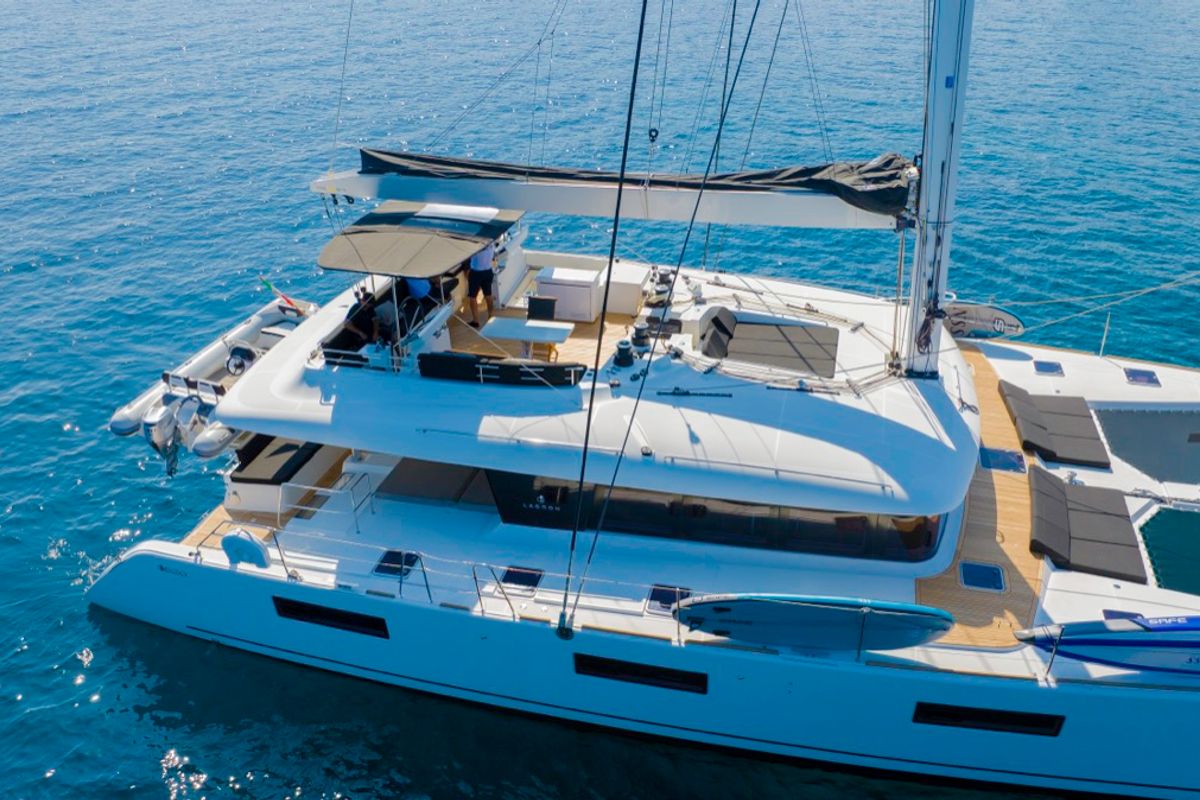 Exterior view of The Sun, a Lagoon 620 catamaran at Olbia, Italy