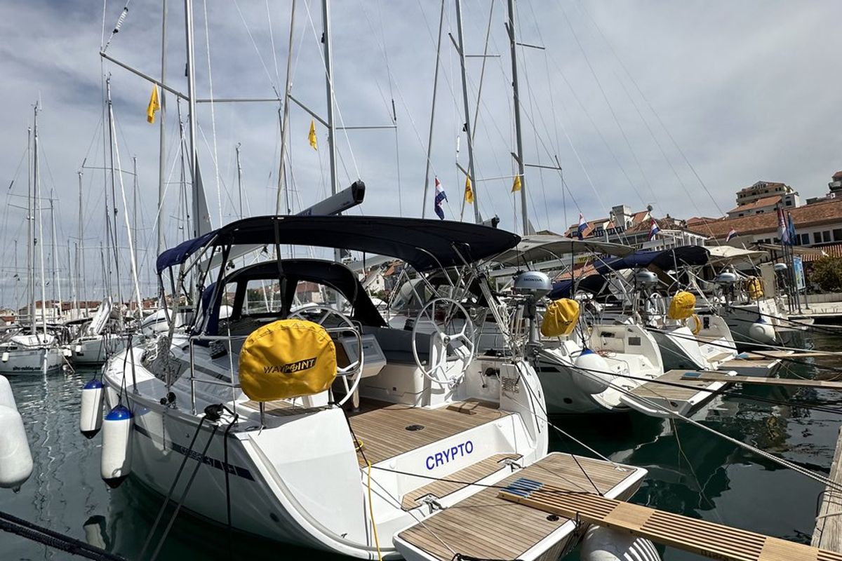 Exterior view of Crypto, a Bavaria Cruiser 37 sailboat at Split, Croatia
