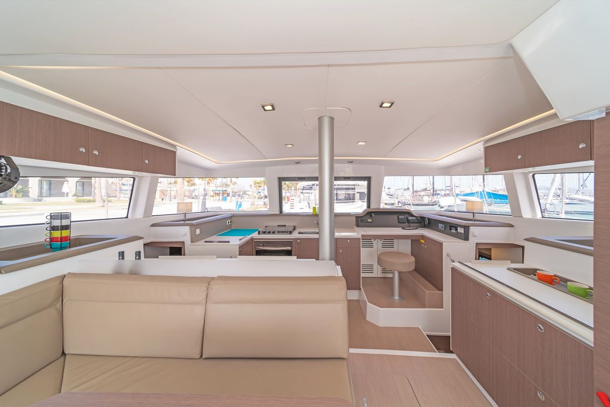 Salon of Crystal Waters, a Bali 4.1 catamaran at Kos, Greece