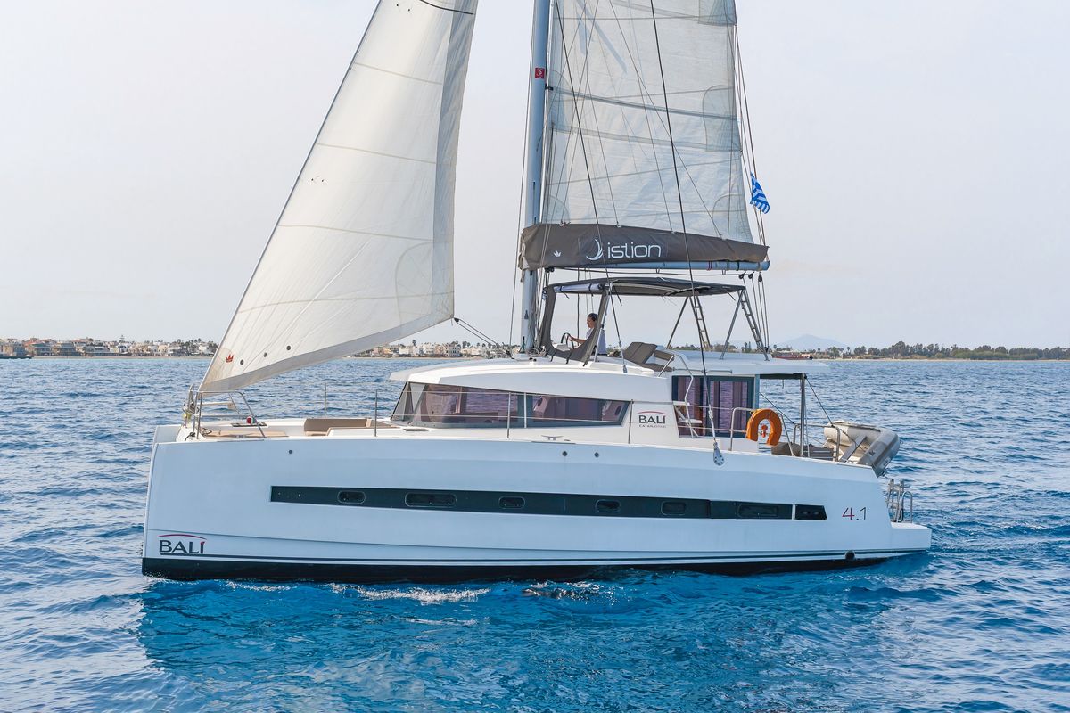 Exterior view of Crystal Waters, a Bali 4.1 catamaran at Kos, Greece