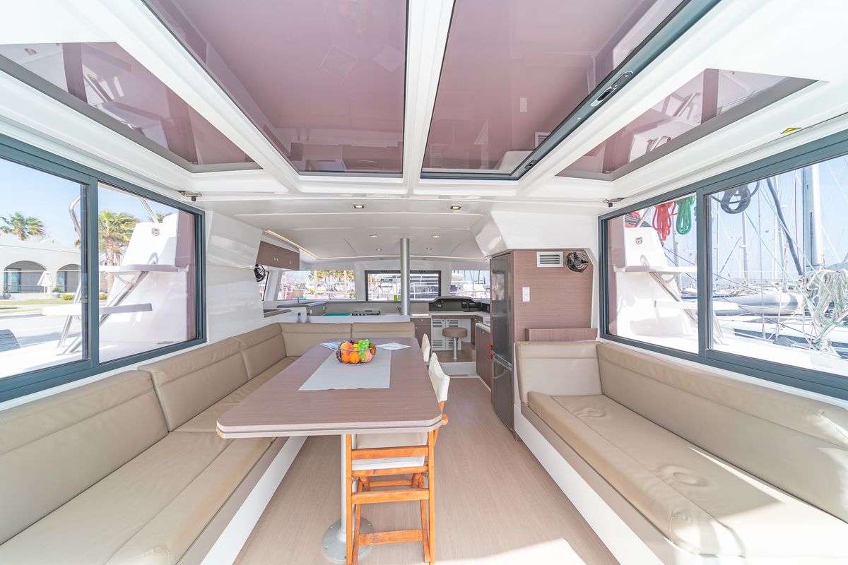 Salon of Crystal Waters, a Bali 4.1 catamaran at Kos, Greece