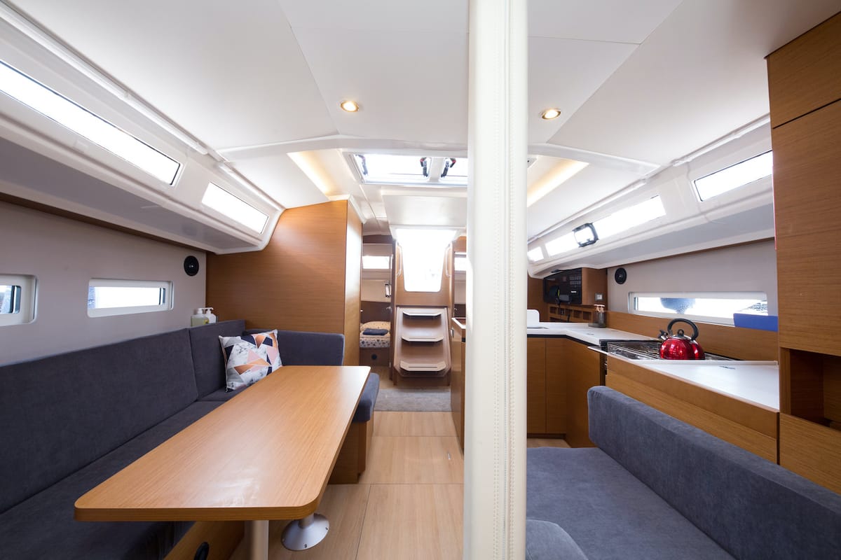 Galley of Suncity 3, a Jeanneau Sun Odyssey 410 sailboat at Fethiye, Turkey