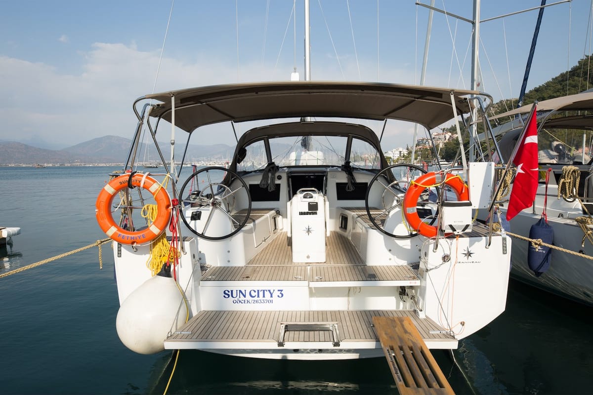 Exterior view of Suncity 3, a Jeanneau Sun Odyssey 410 sailboat at Fethiye, Turkey