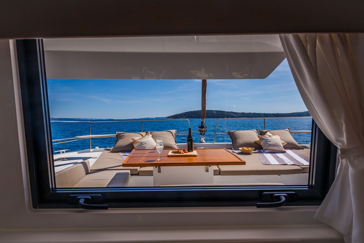 Deck of Nouvelle Lune, a Bali 4.6 catamaran at Dubrovnik, Croatia