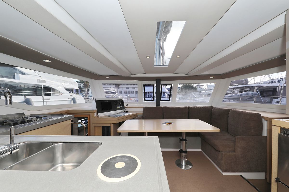 Salon of Why Not, a Fountaine Pajot Lucia 40 catamaran at Grad Trogir, Croatia