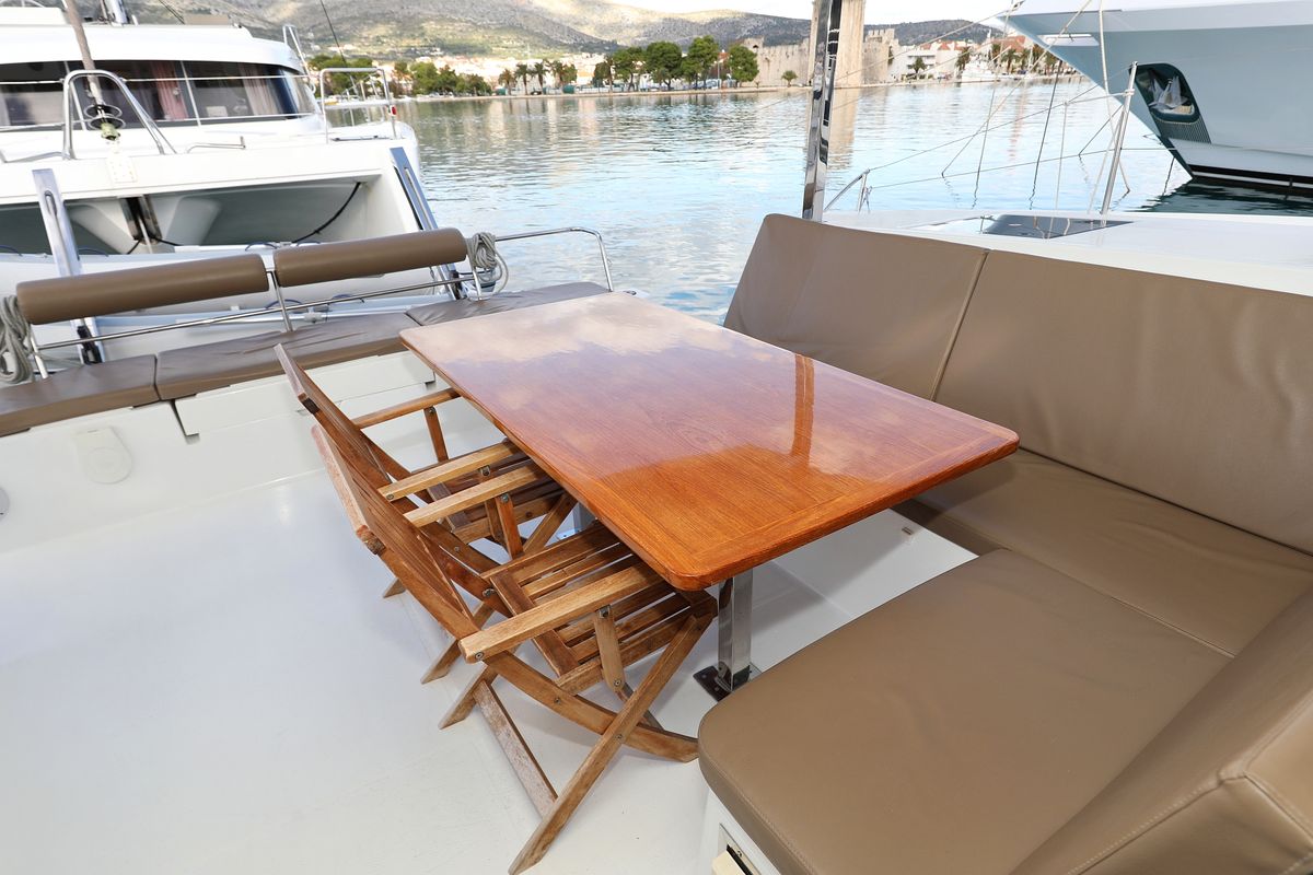 Deck of Why Not, a Fountaine Pajot Lucia 40 catamaran at Grad Trogir, Croatia