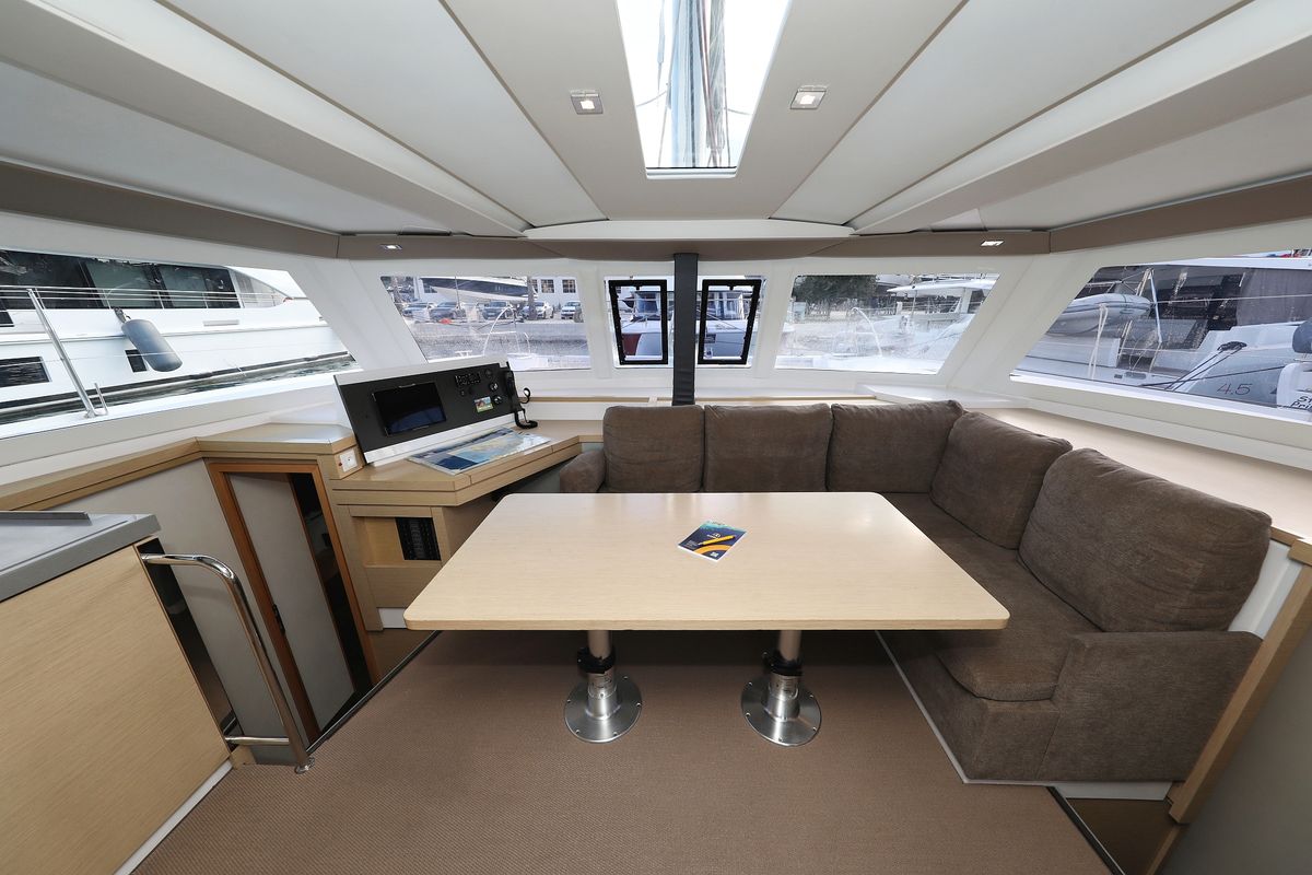 Salon of Why Not, a Fountaine Pajot Lucia 40 catamaran at Grad Trogir, Croatia