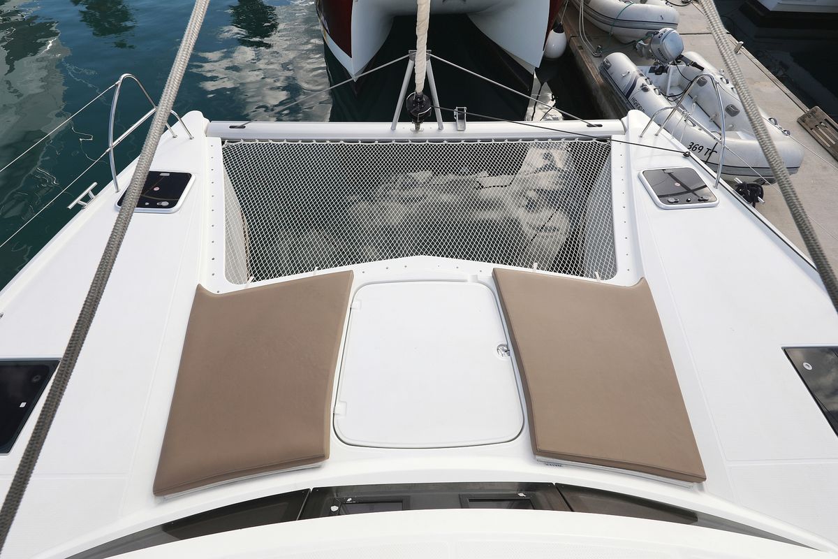 Deck of Why Not, a Fountaine Pajot Lucia 40 catamaran at Grad Trogir, Croatia