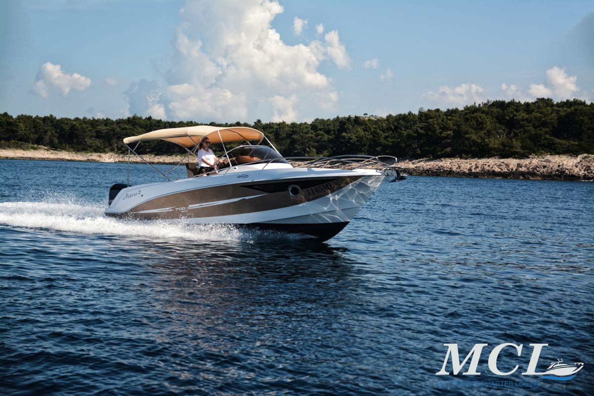 Exterior view of 1145ML, a Galeon Galia 700 motorboat at Mali Lošinj, Croatia