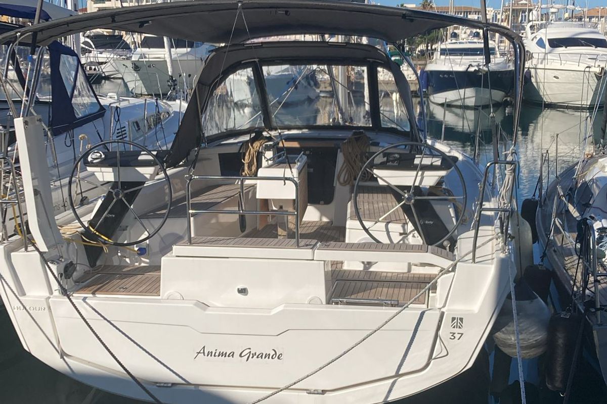 Cockpit of Anima Grande, a Dufour 37 sailboat at Castellammare di Stabia, Italy