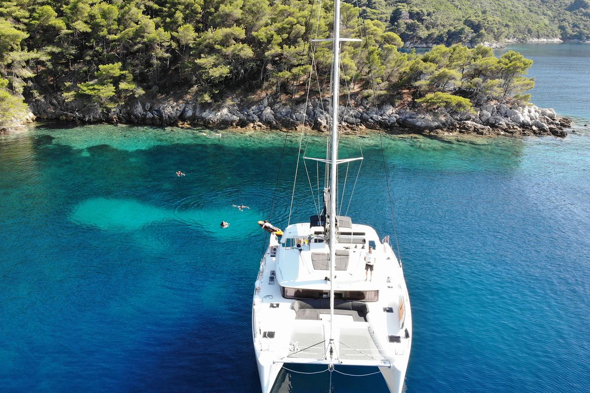 Exterior view of Belo, a Lagoon 450 F catamaran at Grad Kaštela, Croatia
