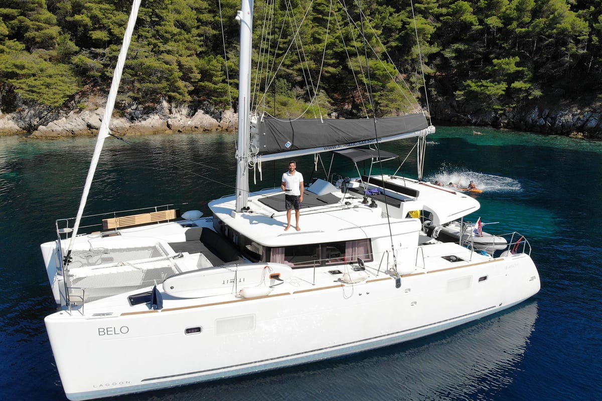 Exterior view of Belo, a Lagoon 450 F catamaran at Grad Kaštela, Croatia