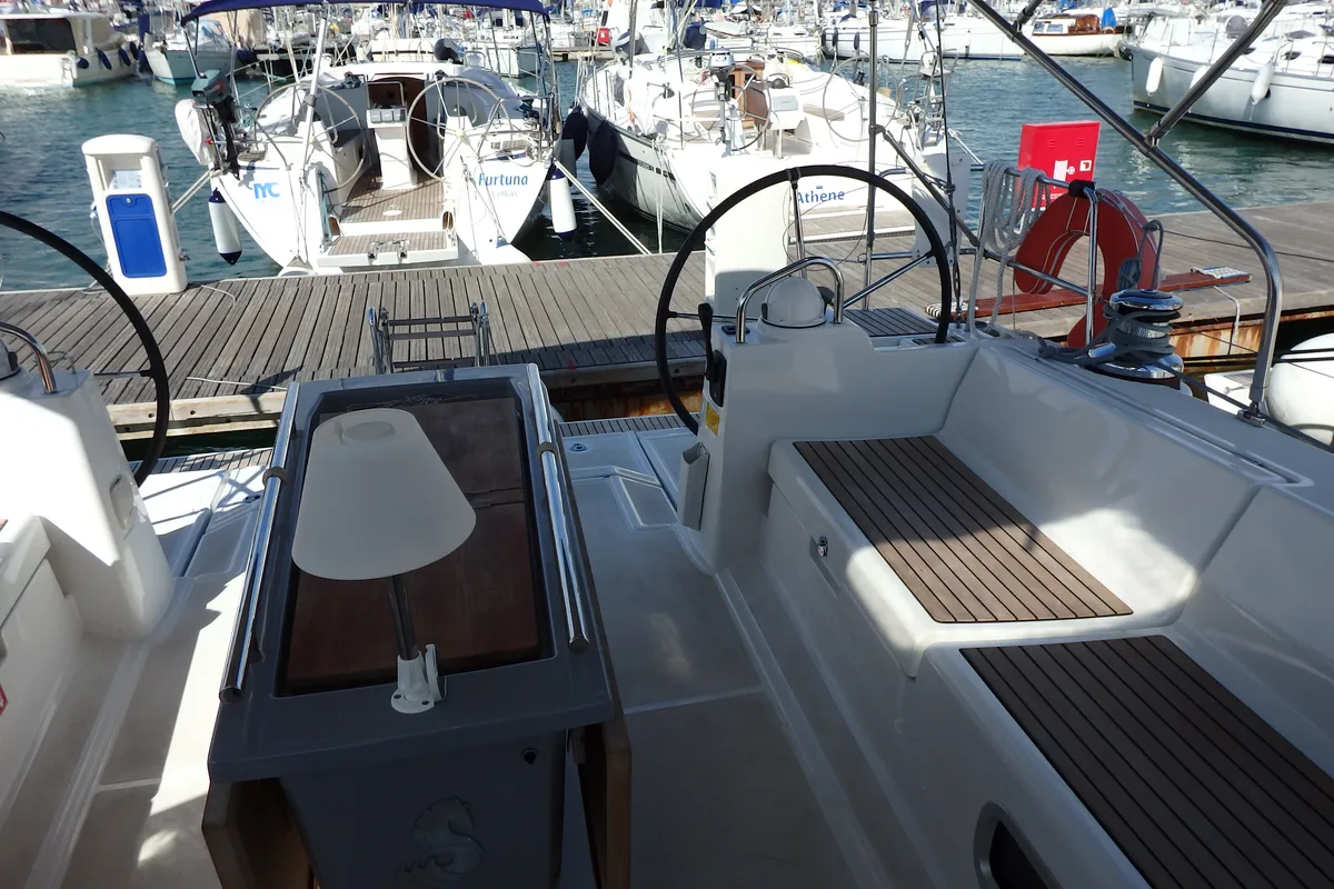 Cockpit of Joy, a Beneteau Oceanis 48 sailboat at Municipal Unit of Lefkada, Greece