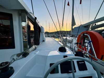 Cockpit of Sail Dorado, a Bali Catsmart catamaran at Fethiye, Turkey