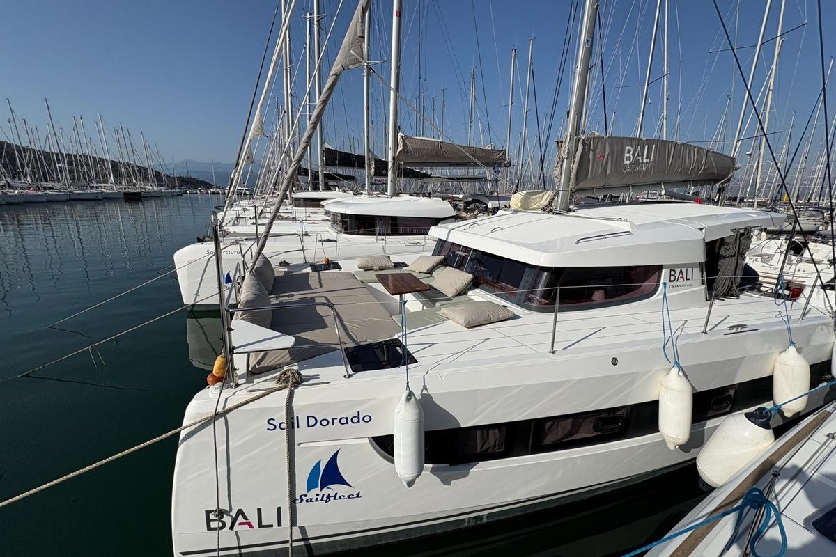 Exterior view of Sail Dorado, a Bali Catsmart catamaran at Fethiye, Turkey