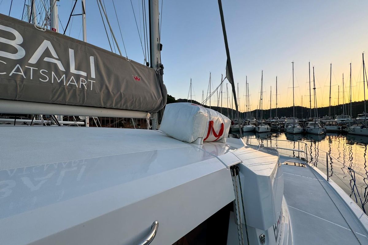 Deck of Sail Dorado, a Bali Catsmart catamaran at Fethiye, Turkey