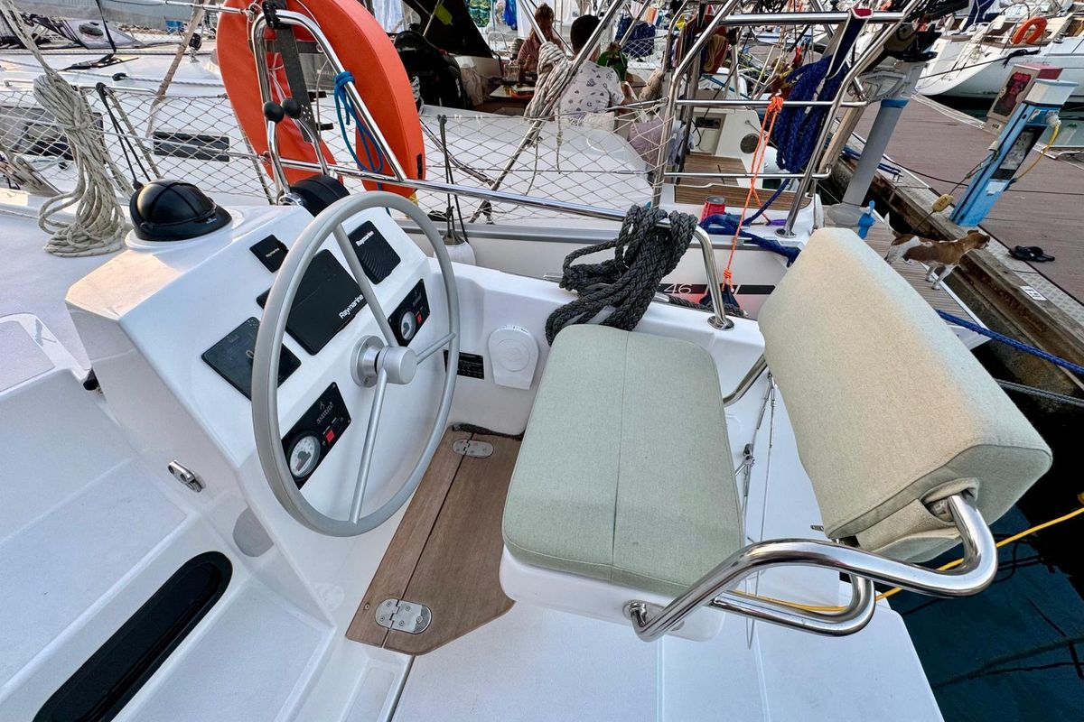Cockpit of Sail Dorado, a Bali Catsmart catamaran at Fethiye, Turkey