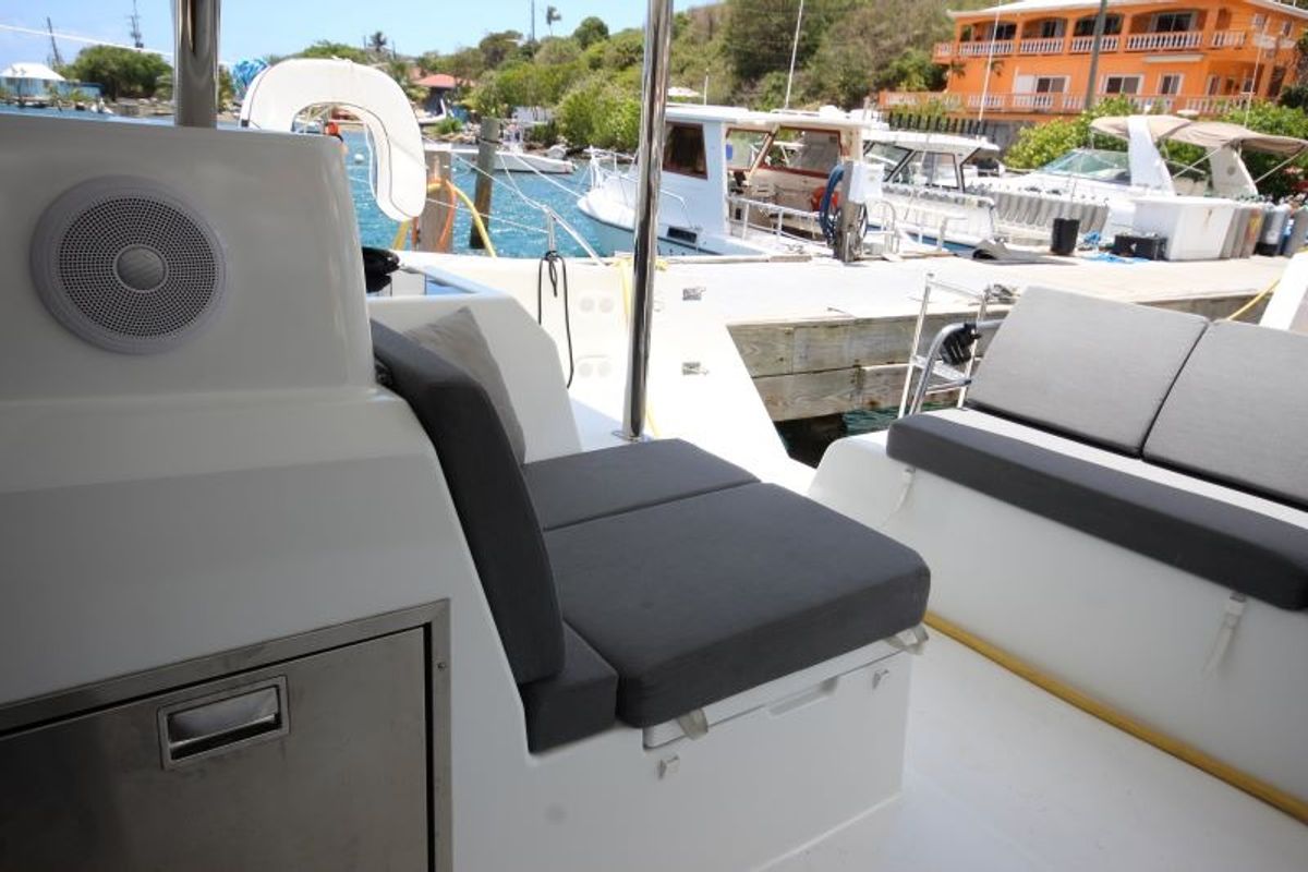Deck of Maho, a Fountaine Pajot Astréa 42 catamaran at Road Town, British Virgin Islands