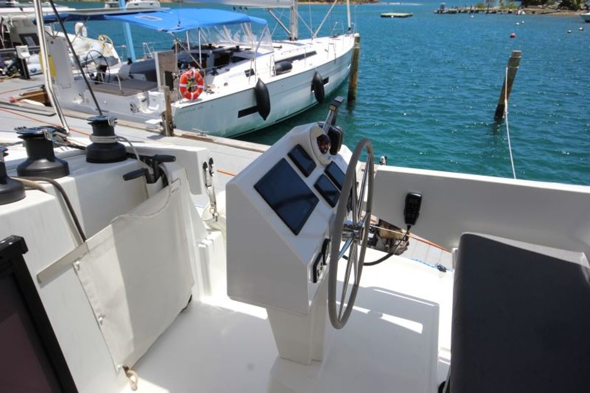 Cockpit of Maho, a Fountaine Pajot Astréa 42 catamaran at Road Town, British Virgin Islands