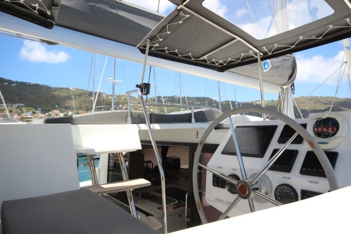 Cockpit of Maho, a Fountaine Pajot Astréa 42 catamaran at Road Town, British Virgin Islands
