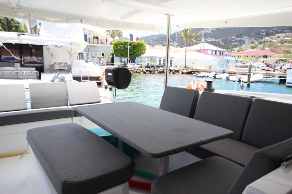 Deck of Maho, a Fountaine Pajot Astréa 42 catamaran at Road Town, British Virgin Islands