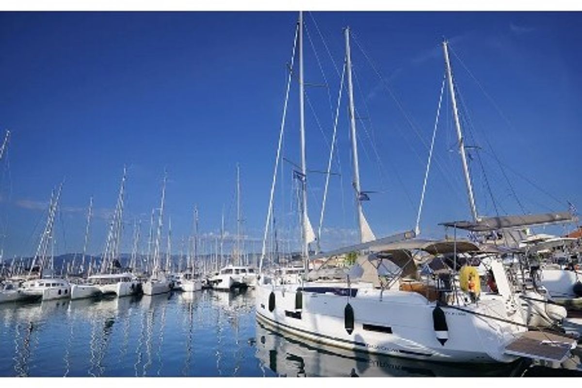 Exterior view of Why Not 14, a Dufour 390 sailboat at Municipal Unit of Lefkada, Greece